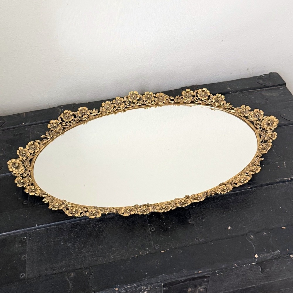 Vintage Ornate Gold Floral Mirror Vanity Tray Hollywood Regency Rose Border 21in